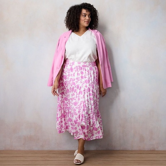 Lauren Conrad Dresses & Skirts - Lauren Conrad Pink Floral Tiered Midi Skirt Size 1X Linen Blend Coquette Cottage